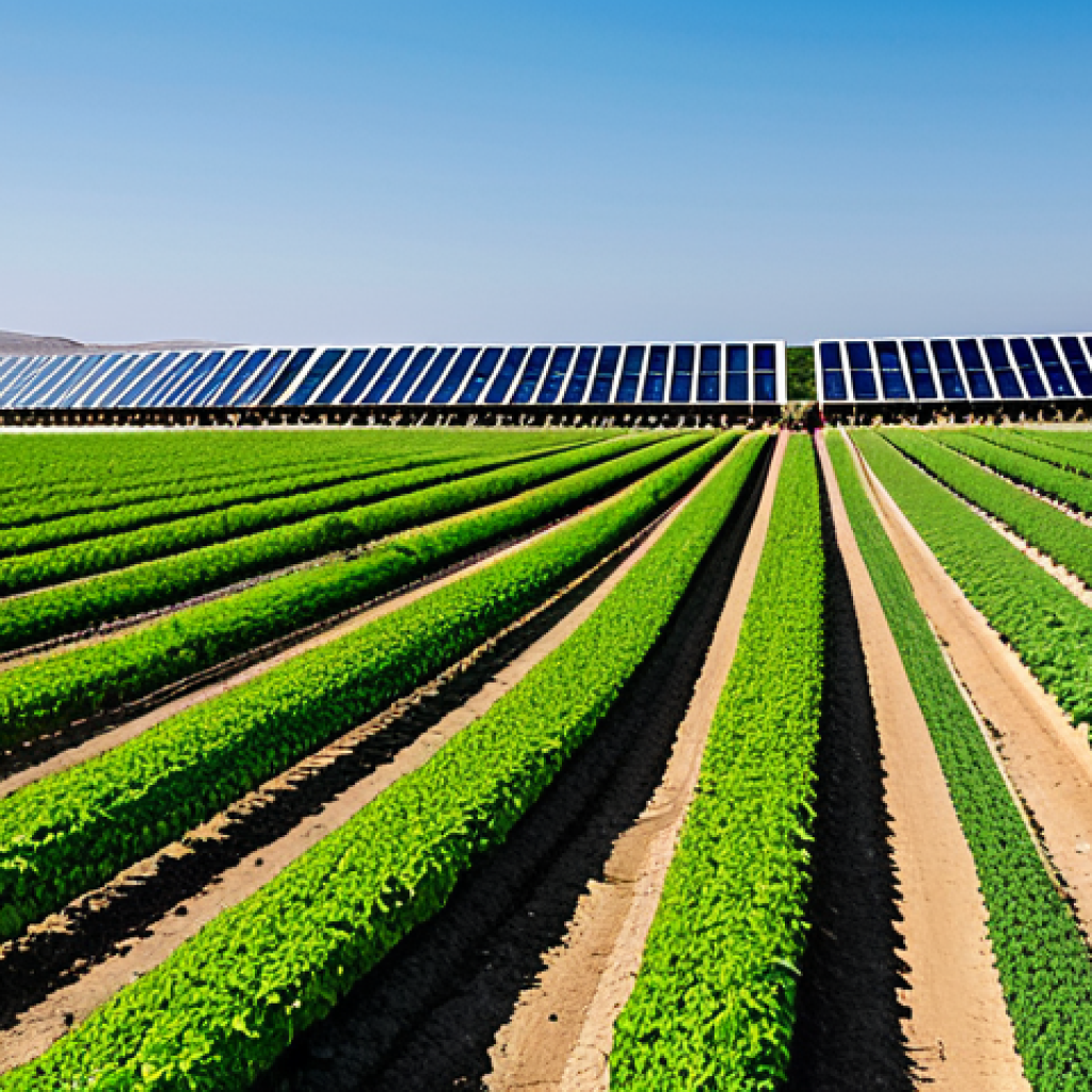 Desalination and Agriculture**

"A futuristic, sustainable farm in Almeria, Spain. Lush green crops are growing in neat rows, irrigated by a modern desalination plant in the background. The plant is powered by solar panels. Focus on showing the contrast between the arid landscape and the thriving agriculture. Professional photography, bright sunny day, safe for work, appropriate content, fully clothed workers tending to crops, perfect anatomy, natural proportions, family-friendly, professional."

**
