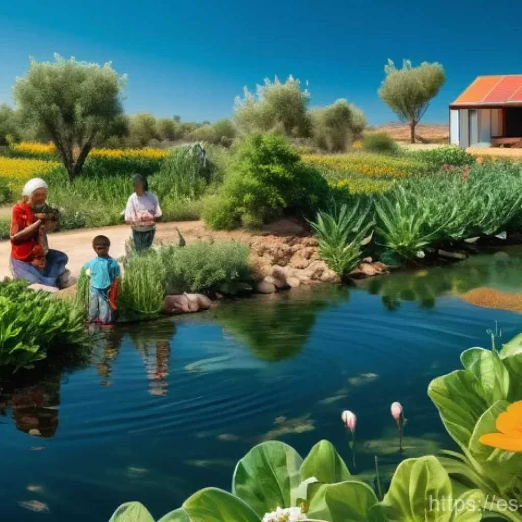 담수화 기술의 성공 사례 - **"Community Flourishing with Desalinated Water"**
    A vibrant and joyful scene depicting a divers...