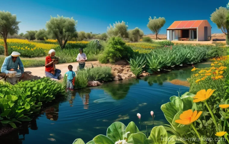 담수화 기술의 성공 사례 - **"Community Flourishing with Desalinated Water"**
    A vibrant and joyful scene depicting a divers...