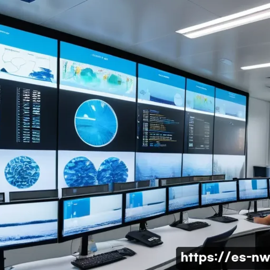 인공지능을 활용한 담수화 과정 최적화 - A modern desalination plant control room with large digital screens displaying real-time data from a...