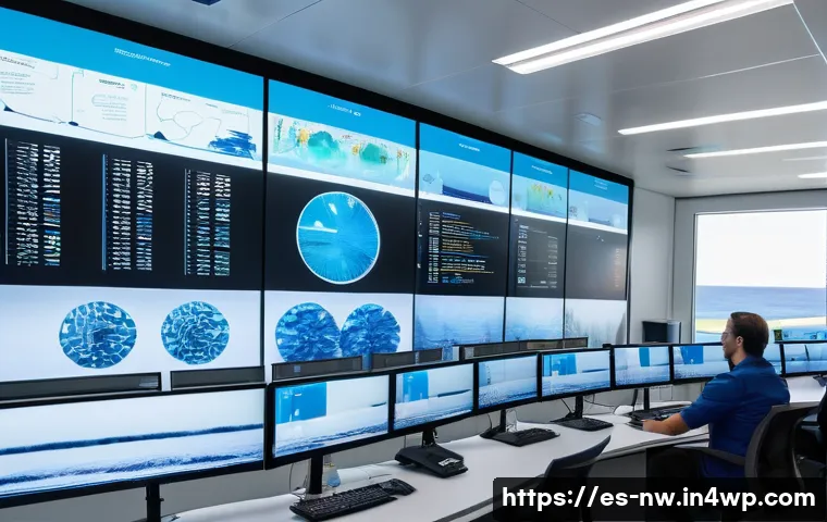 인공지능을 활용한 담수화 과정 최적화 - A modern desalination plant control room with large digital screens displaying real-time data from a...