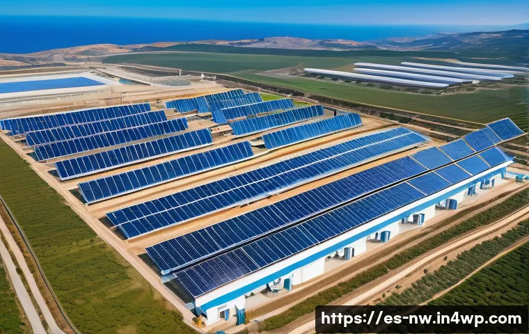 담수화 기술의 수익성 분석 - A large-scale modern desalination plant located on a sunny Mediterranean coastline in Spain, featuri...