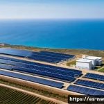 에너지 효율적인 담수화 기술 연구 - A cutting-edge desalination plant located on a sunny Mediterranean coastline, featuring advanced nan...