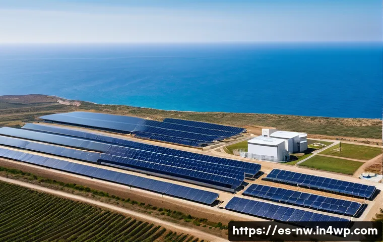 에너지 효율적인 담수화 기술 연구 - A cutting-edge desalination plant located on a sunny Mediterranean coastline, featuring advanced nan...
