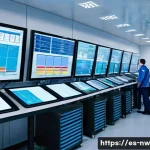대규모 담수화 플랜트의 운영 비용 분석 - A large-scale desalination plant control room in a modern Spanish coastal facility, showing engineer...