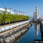 담수화 기술에서의 데이터 활용 - An industrial maintenance setting at a coastal desalination plant featuring robotic arms and IoT sen...