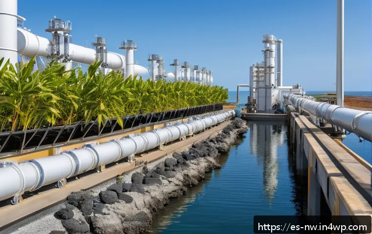 담수화 기술에서의 데이터 활용 - An industrial maintenance setting at a coastal desalination plant featuring robotic arms and IoT sen...