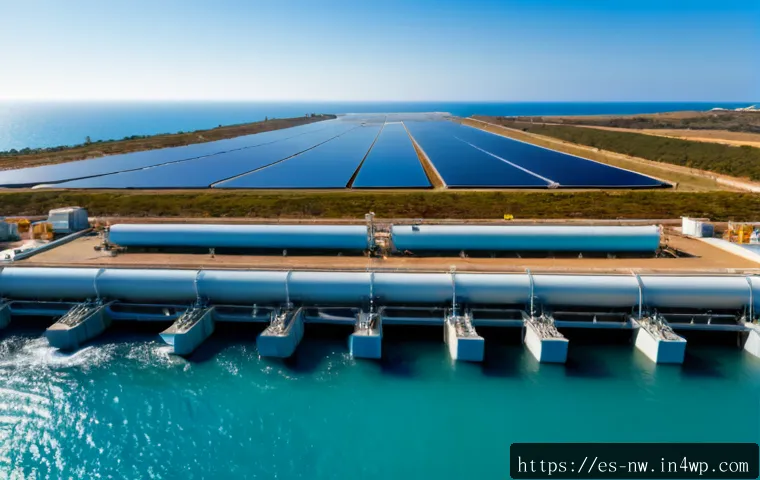 담수화 기술 발전을 위한 정부 정책 - Photorealistic wide-angle view of a modern coastal desalination plant in southern Spain, gleaming re...