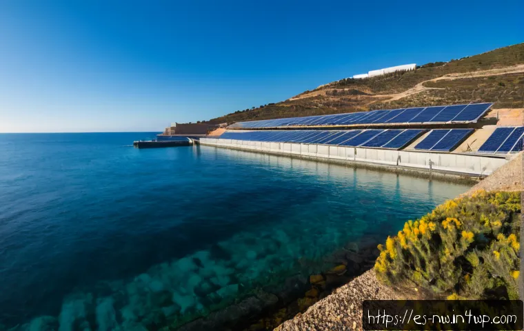 담수화 기술의 환경적 영향 - Photorealistic wide-angle view of a modern coastal desalination plant on the Mediterranean shoreline...